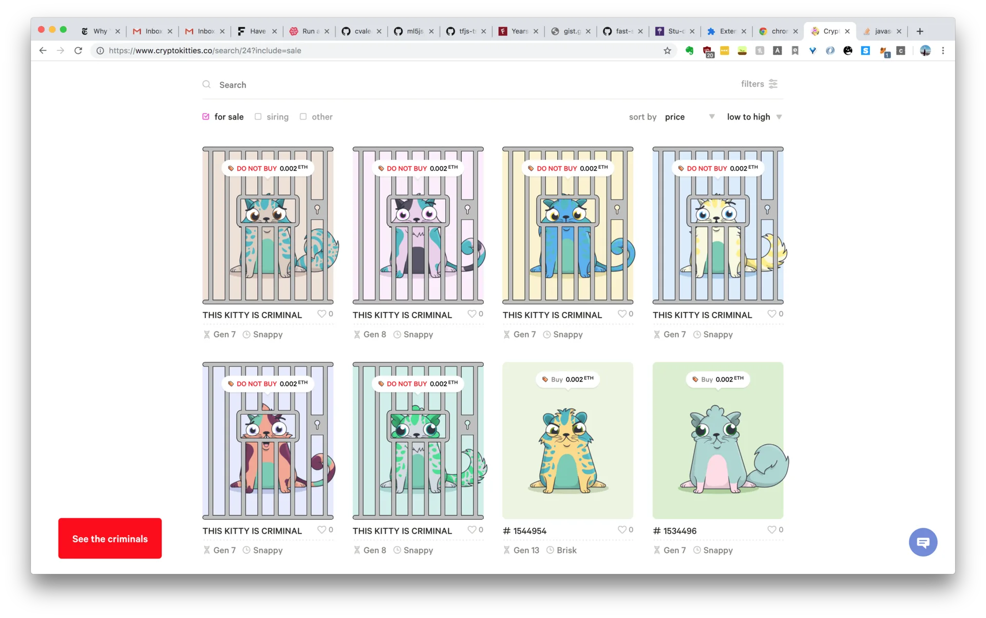 the cryptokitties marketplace with the extension running: flagged kitties sit behind jail bars, each labelled 'this kitty is criminal' and 'do not buy'