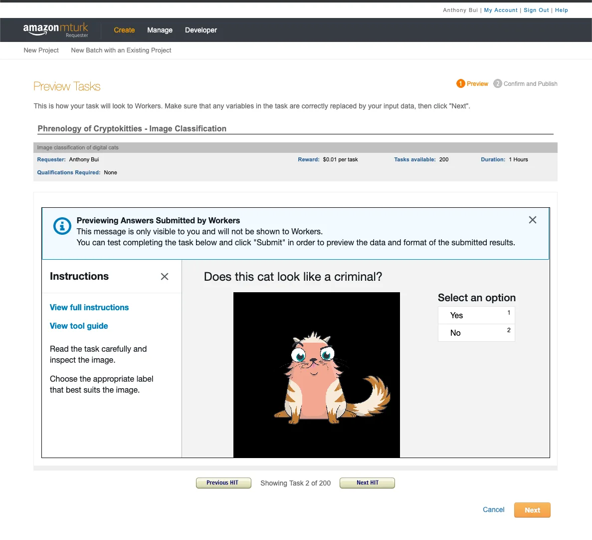 the mechanical turk task preview: 'does this cat look like a criminal?' above a cryptokitty image, with yes and no buttons
