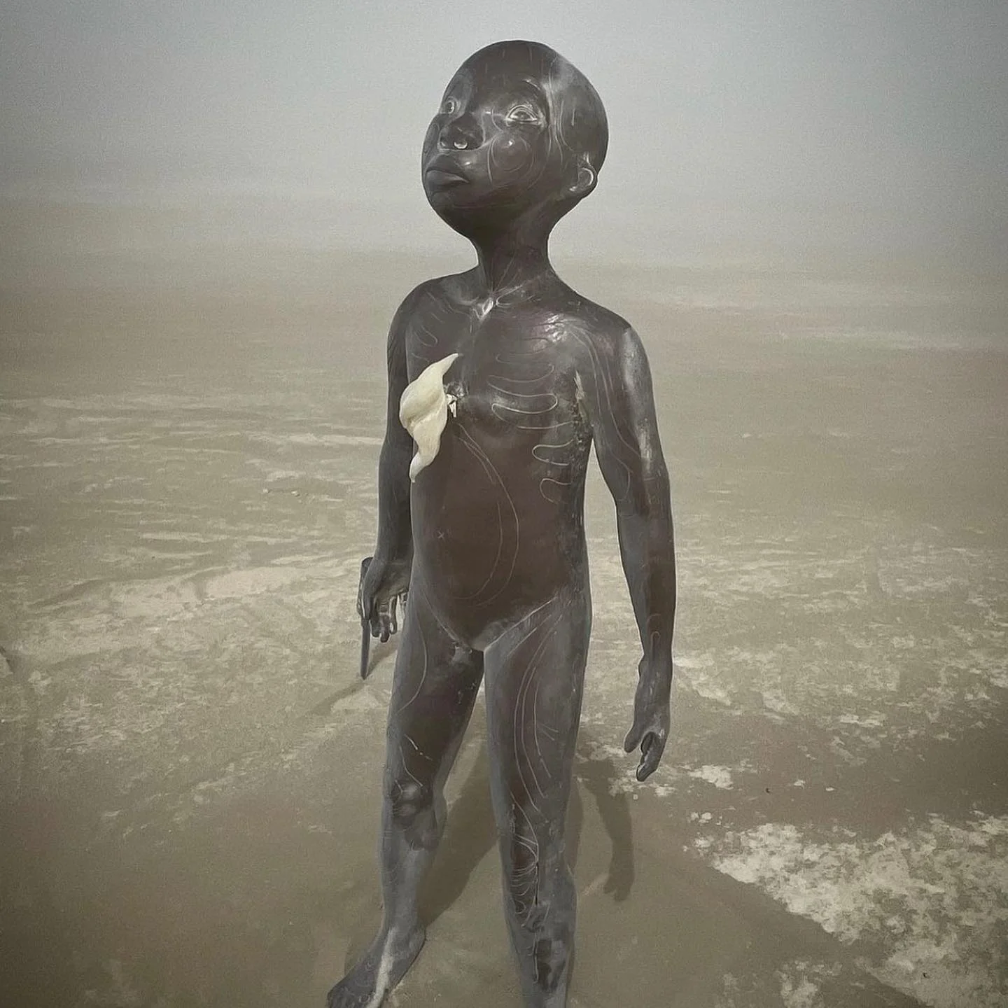 The vulnerable child figure standing alone in the desert during daytime