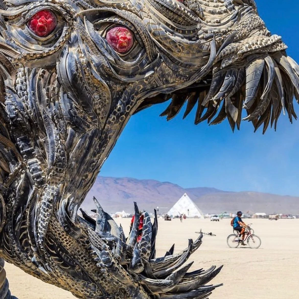 Daytime detail of the Fearbeast's head showing red LED eyes and craftsmanship